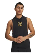 Musculosa negra de entrenamiento con capucha y cordones ajustables. Presenta un diseño sin mangas con sisas amplias, bolsillo canguro delantero y un estampado gráfico dorado en el pecho con las letras BSR y huesos cruzados.