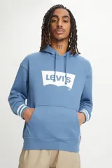 Buzo hoodie celeste con logo Levis estampado en el frente y puños acanalados con rayas blancas.