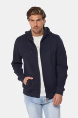 Canguro de felpa color azul marino con cierre frontal completo, capucha con cordones y bolsillos canguro.