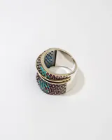 Anillo ancho de plata 925 con dublé de oro y piedras multicolores.
