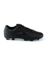 Championes de fútbol Umbro modelo Touch FG, color negro con detalles en turquesa. Presentan el logo de la marca en el lateral y suela con tapones para terreno firme.