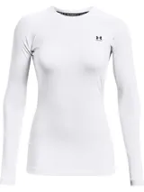 Remera térmica de manga larga Under Armour CG Authentics Crew para mujer, en color blanco, de corte ajustado y diseño liso con cuello redondo y el logotipo de la marca impreso en el pecho.