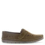 Zapatos tipo mocasín Freeway de cuero color marrón habana, con costuras decorativas visibles en el borde y perforaciones laterales para ventilación. Presenta una tira con cierre de velcro en el empeine y suela de goma gris con diseño ranurado.