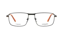 Armazón de anteojos rectangular de metal color gris oscuro, con varillas finas y terminales naranjas.