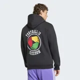 Buzo con capucha Adidas de la colección Bob Marley, color negro, confeccionado en tela fleece. Presenta el logo del Trifolio bordado en el pecho junto a una firma, y un parche gráfico rectangular en la parte inferior frontal. Posee capucha con cordón de ajuste, bolsillo tipo canguro y puños y ruedo acanalados.