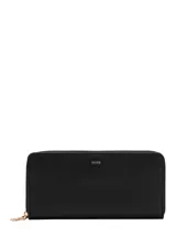 Billetera rectangular de diseño minimalista en color negro, con cierre perimetral y logo metálico de la marca en la parte frontal.