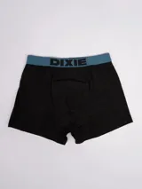 Pack de tres bóxers Dixie en colores negro, gris y celeste, con cintura elástica ancha con el nombre de la marca impreso.