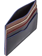 Tarjetero Tommy Hilfiger de cuero vacuno negro, marrón y bordó, con múltiples ranuras para tarjetas y logo estampado.