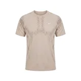 Remera deportiva Nike para running con tecnología Dri-FIT, de color tostado con diseño texturizado perforado y mangas cortas raglán.