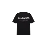 Remera Allsaints de manga corta y corte relajado, color negro con pequeño logotipo y texto gráfico en el pecho.