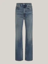 Pantalón de jean azul de corte bootcut, tiro alto y efecto lavado.