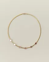 Gargantilla de cadena tipo omega en color dorado con pequeños dijes en forma de flor de acrílico rosado distribuidos en la parte inferior.