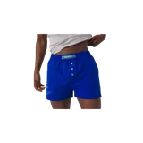 Pack de dos calzoncillos tipo bóxer con cintura elástica, bragueta con botones y etiqueta de la marca en la parte frontal. Uno de los bóxers es de color azul y el otro presenta un diseño a cuadros en tonos beige, ambos con estampado gráfico en la pierna izquierda.
