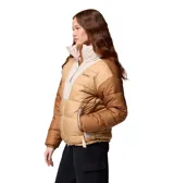 Campera puffer Columbia con tecnología termorreflectante Omni-Heat y tejido repelente Omni-Shield. Presenta un diseño de bloques de color en tonos beige y marrón, cuello alto, cierre frontal bidireccional, bolsillos laterales con cierre y puños elásticos.