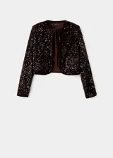 Chaqueta corta de terciopelo marrón con lentejuelas, cuello redondo, cierre de lazo frontal y mangas largas.
