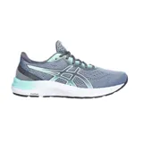 Championes de running Asics Gel-Excite 8, color gris con detalles en verde menta y blanco. Presentan una parte superior de malla transpirable, entresuela con tecnología AmpliFoam para mayor amortiguación y el logo de la marca en los laterales.