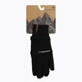 Guantes deportivos negros de la marca Merrell, diseñados para actividades al aire libre. Presentan un ajuste elástico en la muñeca con una etiqueta pequeña con el logo de la marca en color naranja y el nombre de la marca estampado en color gris en el dorso.