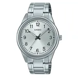 Reloj Casio plateado con caja de acero inoxidable, esfera plateada con números arábigos negros y agujas negras.