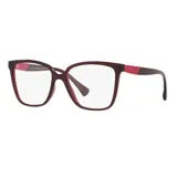 Lentes de receta Ralph con armazón de acetato en color bordó con detalles en rojo vibrante en el interior y en las patillas.