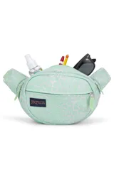 Riñonera negra de la marca JanSport, modelo Fifth Avenue, con parche frontal de la marca y cierres metálicos.