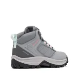 Bota de montaña Columbia, modelo Transverse Hike Waterproof, color gris acero con detalles en rosado pálido. Caña media, confeccionada en cuero y malla, con tecnología Omni-Tech impermeable y suela Omni-Grip para tracción.