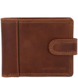 Billetera plegable de cuero natural color marrón con cierre de solapa y broche. Presenta costuras reforzadas a la vista y el logo de la marca grabado en la parte inferior derecha.