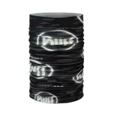 Cuello multifuncional Buff de diseño tubular, confeccionado en tejido elástico con estampado gráfico de camuflaje en tonos grises y negros con el logo de la marca. Ofrece protección solar y versatilidad para diversas actividades al aire libre.