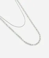 Collar doble plateado, compuesto por una cadena fina de eslabones cuadrados y una cadena gruesa de eslabones rectangulares.