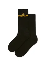 Medias de caña media color negro con logo de Caterpillar bordado en amarillo en la parte superior. Cuentan con suela acolchada y tejido de hilo de dos capas.