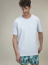 Remera de algodón pesado de manga corta y cuello redondo, con corte clásico y etiqueta pequeña en el ruedo.