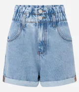 Short baggy de cintura alta confeccionado en jeans con elástico y trabillas en la cintura, cierre por botones duplos y cremallera, bolsos delanteros y bolsillos traseros además de barras dobladas.