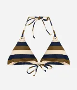 Top de bikini triangular confeccionado en microfibra texturizada, con diseño de cortina y estampa a rayas horizontales en tonos verde militar, azul marino y crudo. Cuenta con tiras finas para atar en el cuello y la espalda.