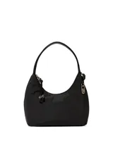 Bolso pequeño hobo negro de nailon con detalles en símil cuero, cierre de cremallera superior, correa de hombro y herrajes metálicos dorados.