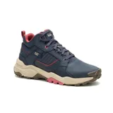 Championes de caña media Caterpillar modelo Grapple, confeccionados en cuero azul marino con detalles en color rosado y suela de goma en tono beige. Presentan un diseño robusto con cordones y refuerzos laterales.