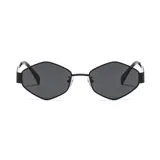 Lentes de sol unisex con armazón metálico negro y cristales oscuros con forma geométrica de diamante o hexágono alargado.