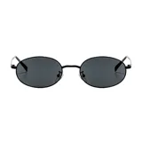 Lentes de sol con armazón ovalado de metal negro y cristales oscuros.