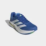Championes de running Adidas modelo Duramo Speed 2, color azul con las tres tiras laterales en blanco y detalles en amarillo claro. Presentan tecnología de amortiguación Lightstrike en la entresuela y suela de caucho para mayor tracción.