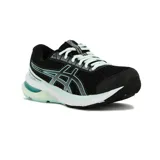 Championes Asics Gel-Shogun 4 para running, color negro con detalles en celeste y blanco, confeccionados con capellada de malla transpirable y suela con tecnología de amortiguación.