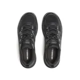 Championes de senderismo Merrell modelo Tempo Exp, color negro con detalles en gris oscuro. Presentan una construcción robusta con malla transpirable y refuerzos sintéticos, cuello acolchado, cierre de cordones y suela de goma con tacos para mayor tracción y absorción de impactos.