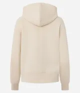Campera deportiva de corte regular, color beige, con capucha ajustable mediante cordones, cierre frontal de cremallera y bolsillos laterales. Confeccionada en tejido de algodón y poliéster.
