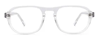 Armazón de acetato transparente, con forma aviador y detalles plateados en las patillas.
