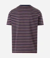 Remera masculina de corte regular, confeccionada en tejido de algodón y poliéster, con diseño de rayas horizontales en hilo teñido, cuello redondo y manga corta.