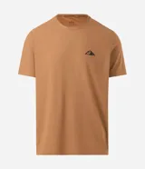 Remera deportiva Get Over de poliamida texturizada color tostado, con cuello redondo, mangas cortas y estampa localizada en el frente.