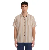 Camisa de manga corta Critical Slide modelo Dexter, con diseño de rayas verticales en tonos beige y naranja, cuello camisero, cierre frontal con botones y un bolsillo aplicado en el pecho.