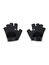 Guantes de training Under Armour para mujer, color negro, con diseño sin dedos, tejido transpirable, palma de microfibra con perforaciones y correa ajustable con velcro en la muñeca.