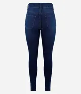 Pantalón skinny jeans azul oscuro con cintura alta, trabillas, cierre con botón y cremallera, bolsillos delanteros y traseros, y pespuntes en contraste. Confeccionado en tejido de jeans con 71% algodón, 26% poliéster y 3% elastano.