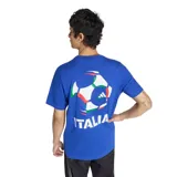 Remera de algodón azul de manga corta con cuello redondo y logo de Adidas estampado en el pecho con los colores de la bandera italiana.