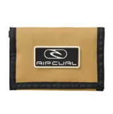 Billetera Rip Curl de color beige, modelo Icons Surf Wallet, con detalles en color negro y parche frontal con el logo de la marca.