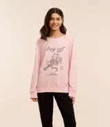 Sweater de pijama rosa de algodón con mangas largas, cuello redondo y estampa de leopardo con laptop y texto "Day Off".