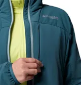 Campera técnica Columbia Titanium con tecnología Omni-Heat y Omni-Shield. Presenta cierre frontal completo, cuello alto con protección para la barbilla, bolsillos laterales y en el pecho con cierre, y puños con ribete elástico.